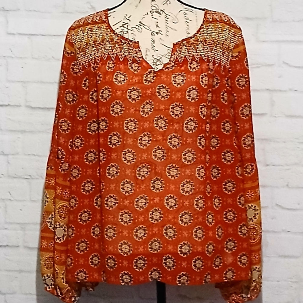 ND New Directions Smocked Bohemian Sheer Balloon Sleeve Flowy Blouse, Size Large